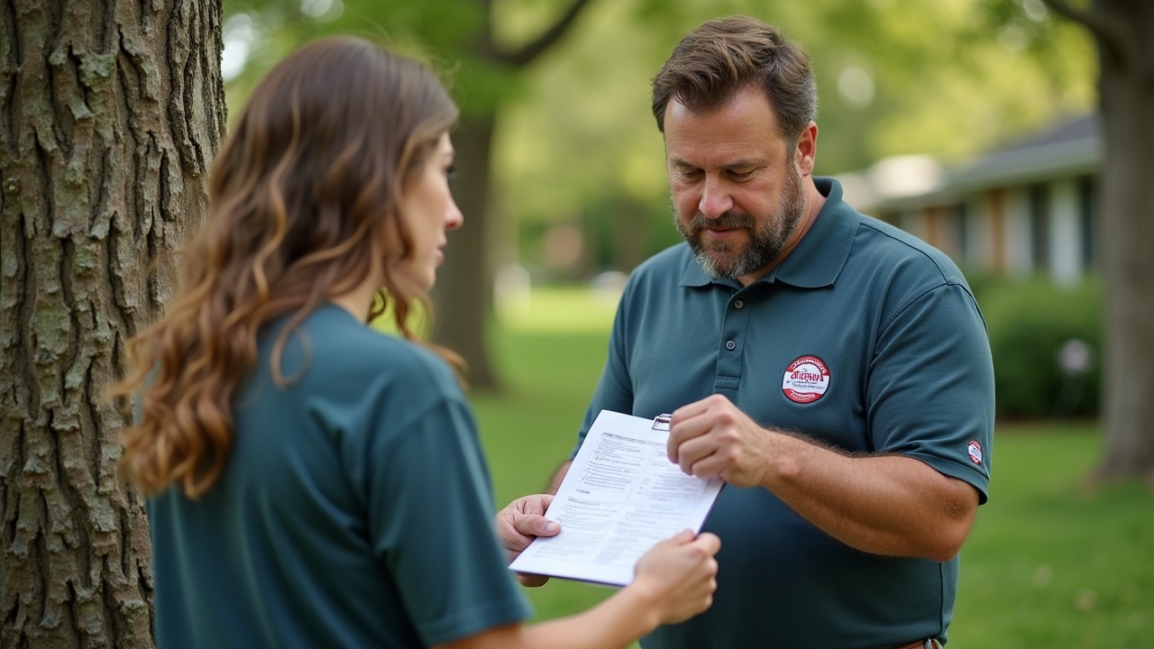 Professional arborist in company polo shirt and ISA certification badge visible, reviewing written assessment report with homeowner outdoors near tree with visible health issues