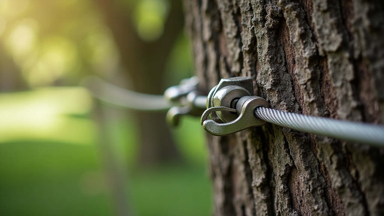 Close-up of a professional tree cable installation system in a mature oak, showing steel cables, lag hooks, and proper hardware placement that demonstrates skilled structural support work