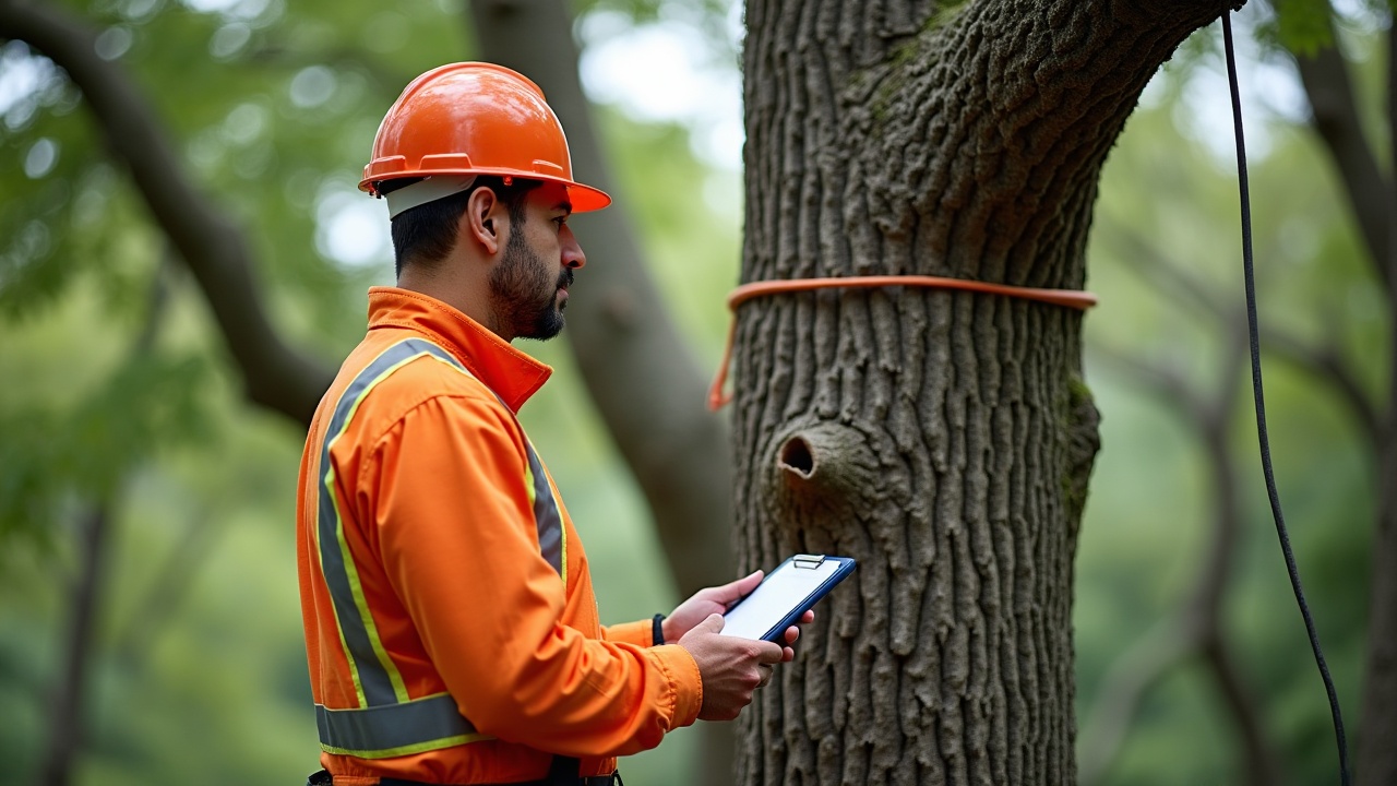 Professional arborist in safety gear standing beside a large mature tree with visible structural support cables, consulting a tablet or clipboard, representing the assessment and expertise homeowners are seeking