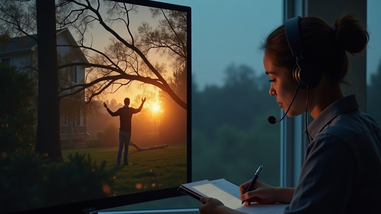 Split screen showing a frustrated homeowner looking at a fallen tree at dusk on one side, and a professional office team member on a headset confidently taking notes on the other side