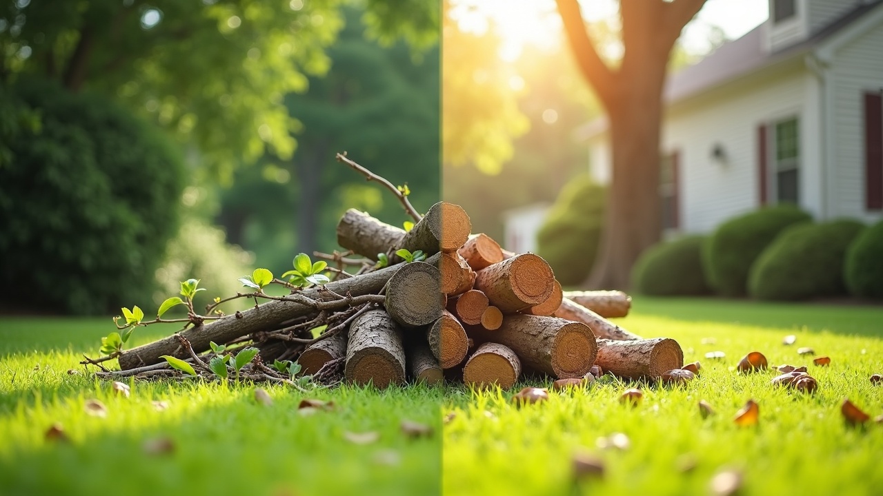 Split-screen comparison showing tree service job without debris removal (logs and branches scattered across lawn) versus complete cleanup with hauling service (pristine lawn with no debris)