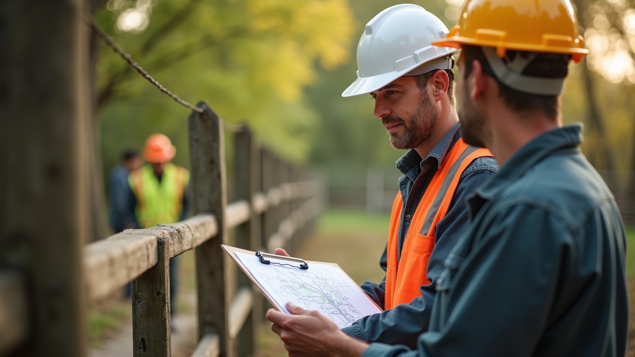 Professional tree service team meeting with property manager reviewing fence line maintenance plan on clipboard with property boundary map visible