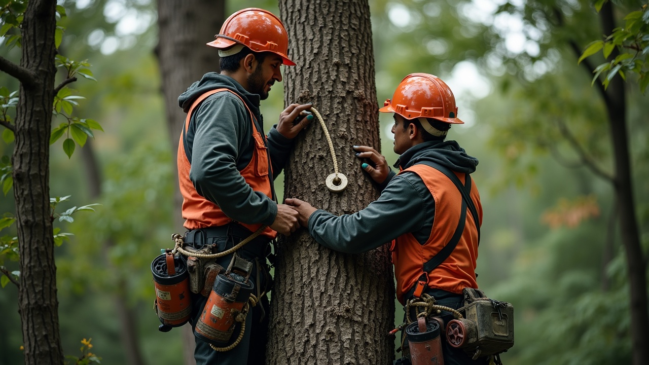 Professional tree service crew working on a large hazardous tree removal with specialized equipment and safety gear