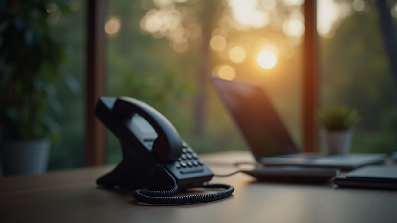 Phone ringing on a desk during evening hours with tree service office in background, symbolizing after-hours call opportunities