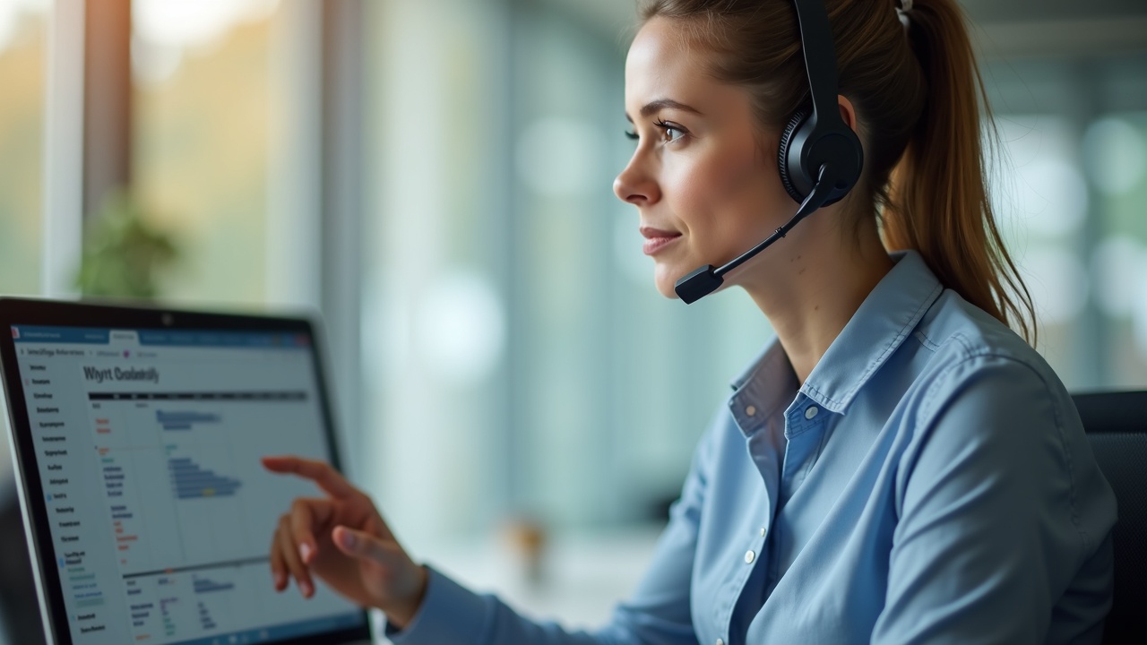 Professional office team member on headset reviewing job booking calendar, representing front office operations for service business