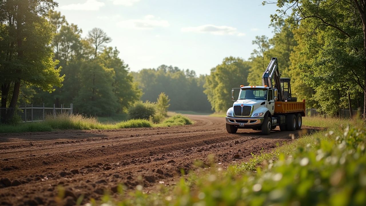 Wide shot of cleared commercial lot with tree service equipment, showing professional land clearing results ready for development