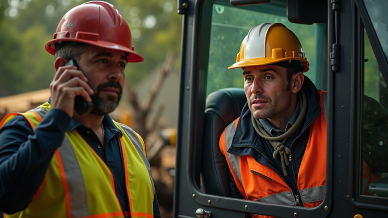Split screen showing tree service owner on job site unable to answer phone, and excavator in truck cab taking call from builder