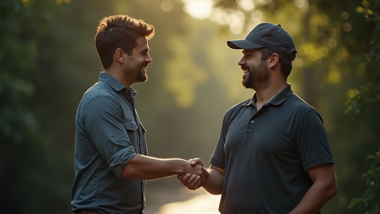 Split-screen image showing a missed call notification on one side and a happy customer shaking hands with a tree service professional on the other