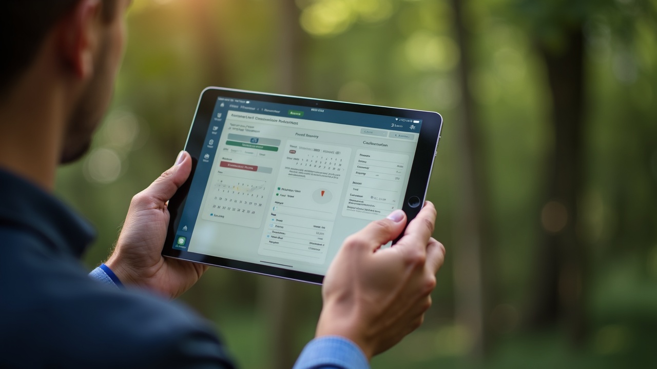 Tree service professional reviewing a tablet showing contract renewal dashboard with calendar and customer contact information