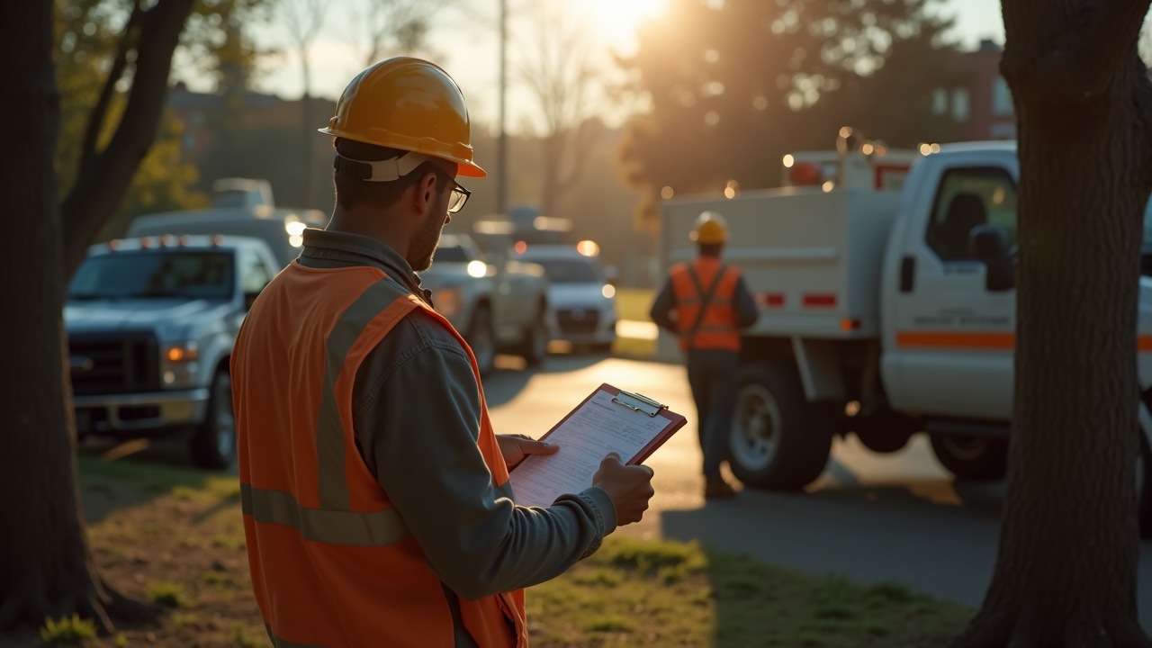 Professional tree service crew working on municipal project with city vehicles in background, permits visible on clipboard in foreground