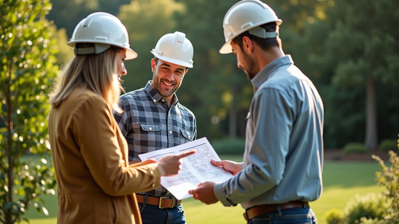 Certified arborist consulting with homeowner at planting site, reviewing landscape plan and pointing to existing site conditions