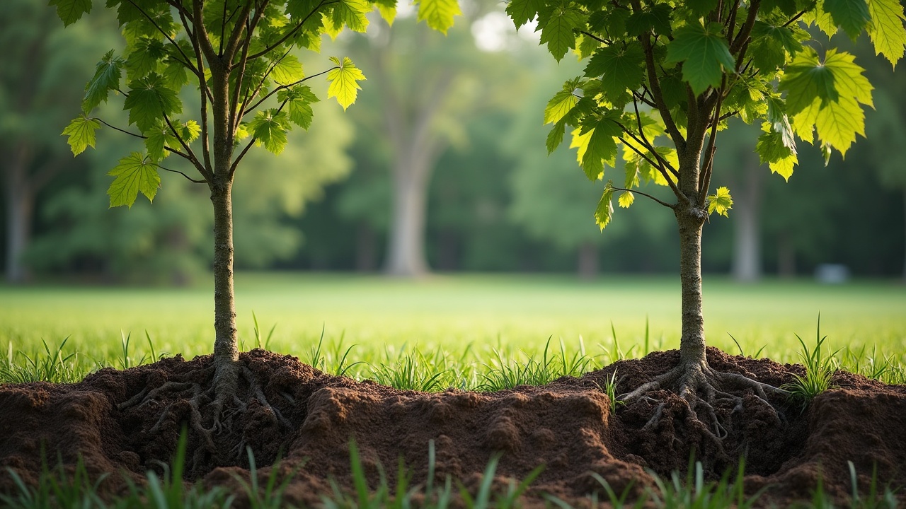 Side-by-side comparison showing professionally planted tree with proper root flare exposure and staking versus improperly planted tree with buried root collar