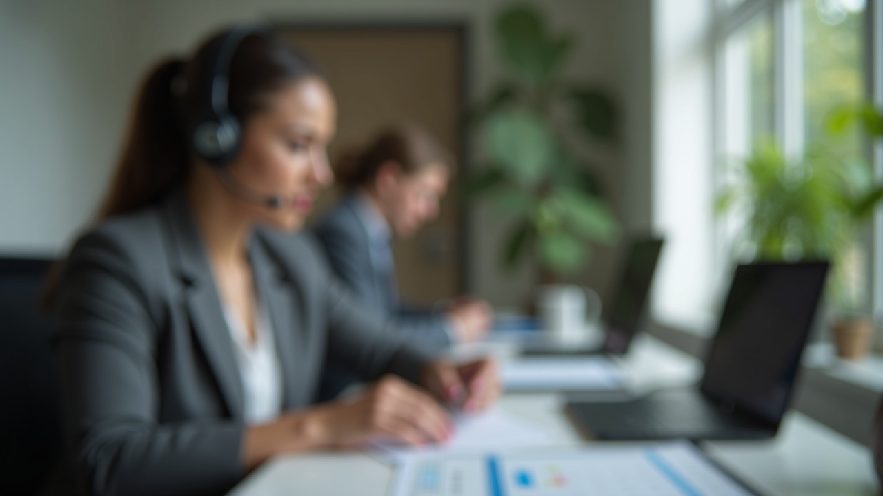 Professional front office team member wearing headset, answering call with calendar and tree service estimate form visible on desk