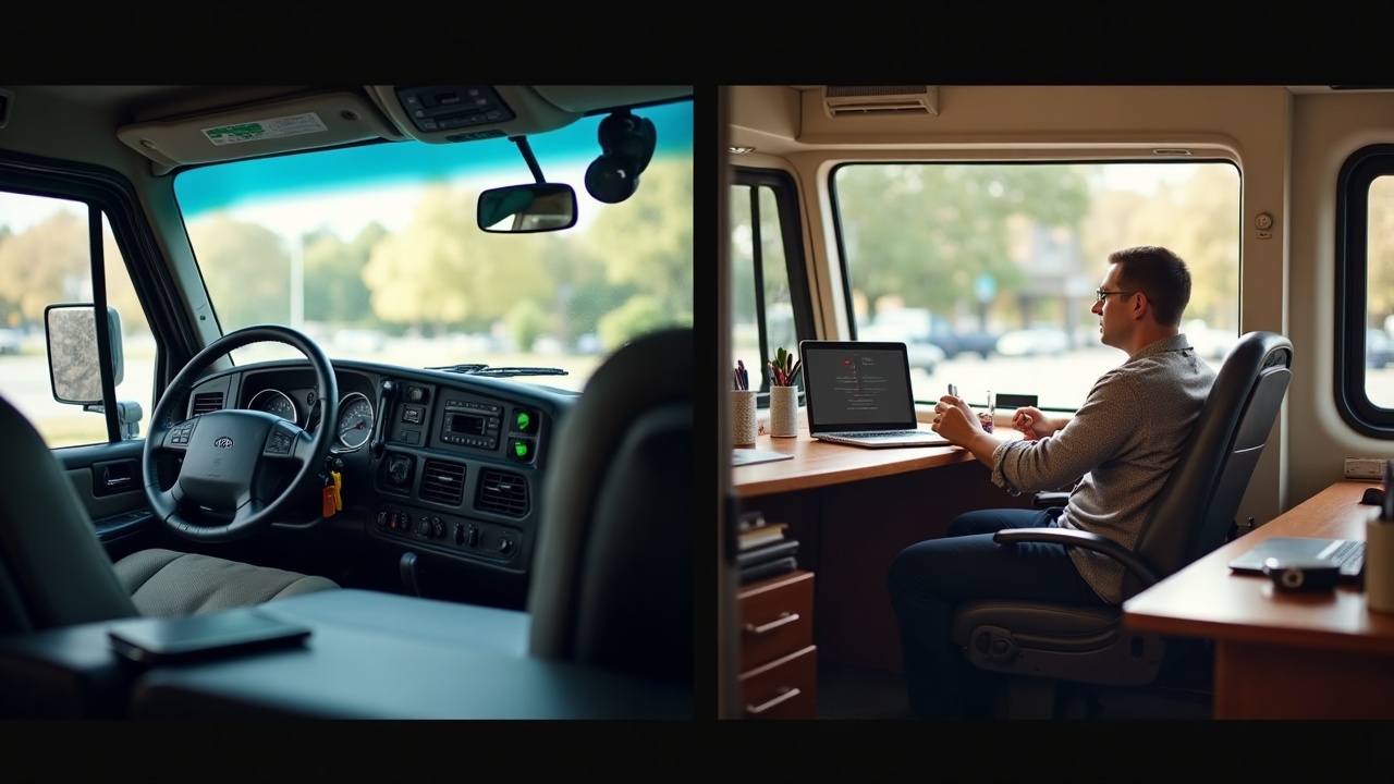 Before-and-after comparison: cluttered truck cab with missed call notifications next to organized office desk with answered calls dashboard