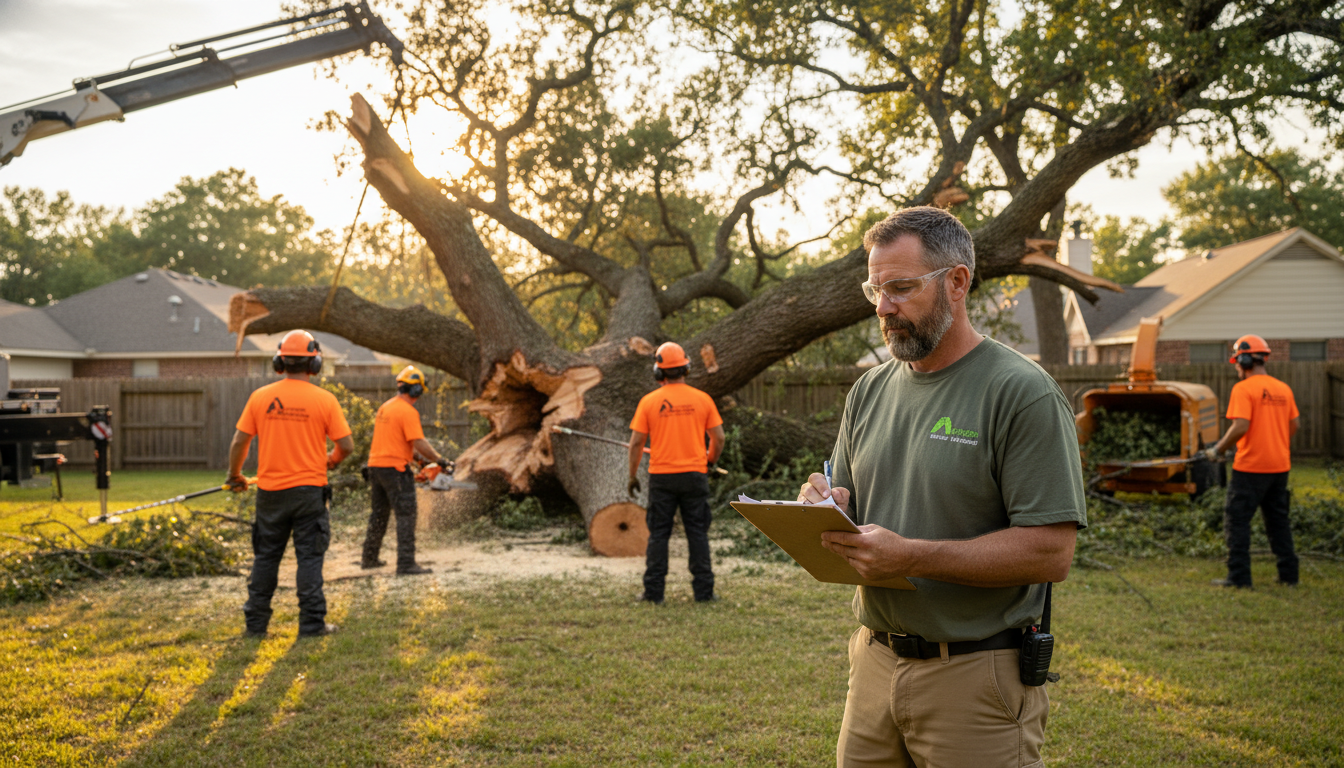 A tree service crew working on a large fallen tree in a residential yard, with a professional taking notes on a clipboard in the foreground