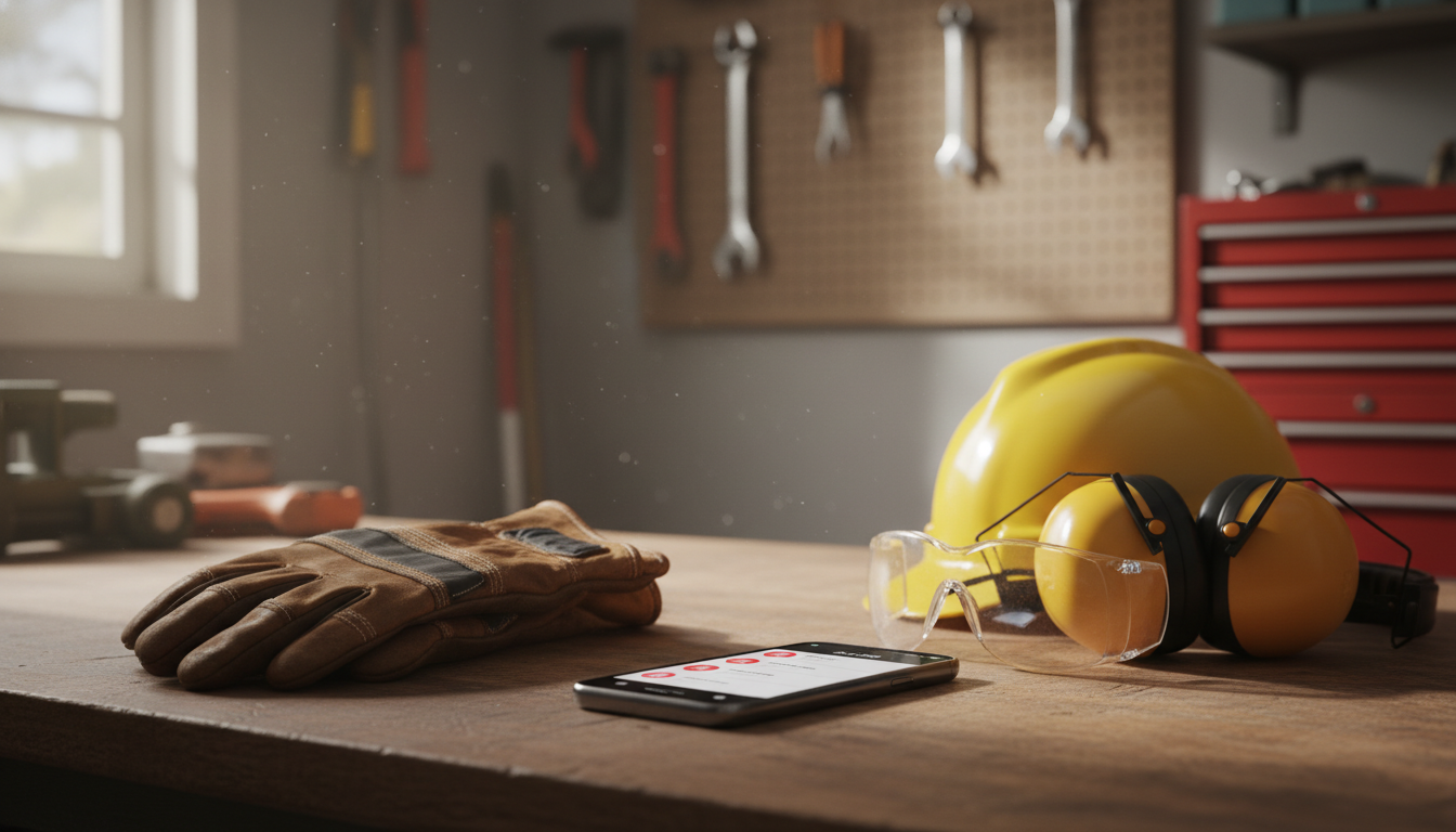 A smartphone showing multiple missed call notifications on the screen, sitting on a workbench next to work gloves and safety equipment