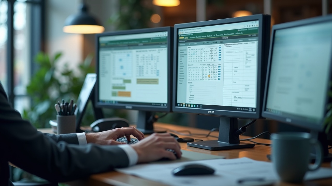 Professional office workspace with multiple monitors showing call logs, scheduling calendar, and compliance checklists for tree service operations