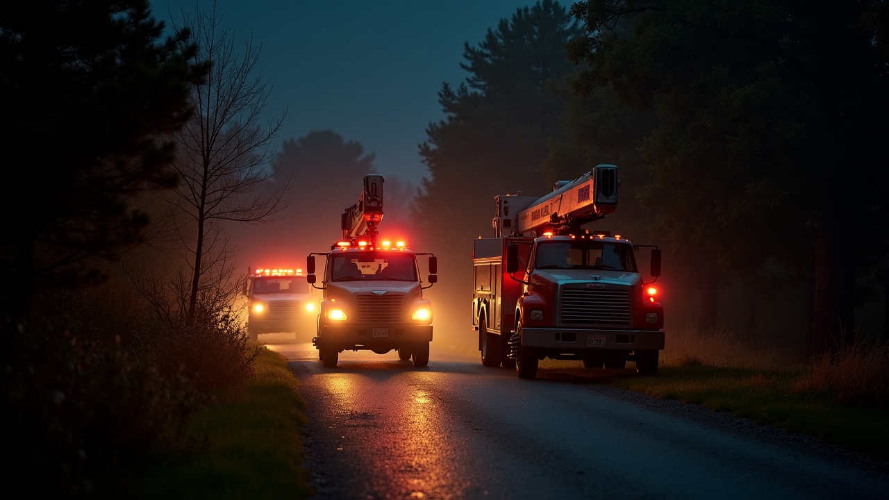 Tree service crew responding to emergency storm damage call at night with utility trucks and emergency lighting