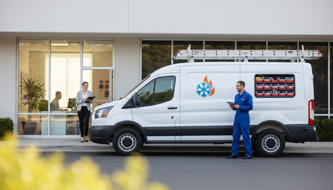 HVAC service van with professional branding, representing a well-run operation with reliable systems, including front office support