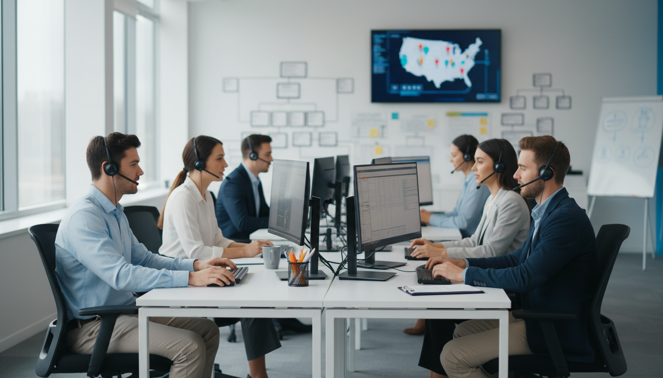 Professional team in modern office setting using headsets and computers, representing an organized front office operation supporting HVAC contractors