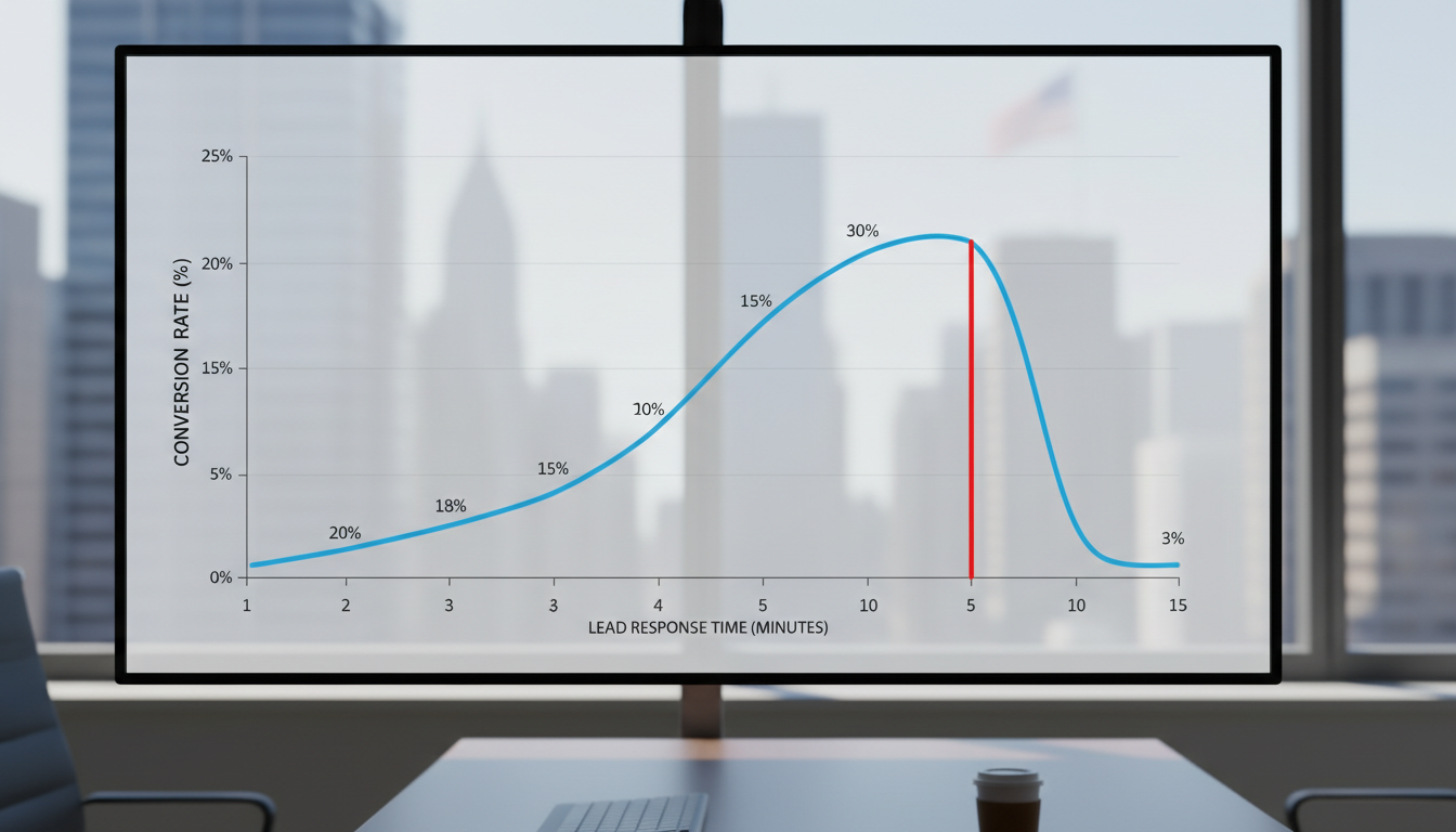 Dashboard or graph showing lead response time vs. conversion rate, with a sharp drop-off after the 5-minute mark