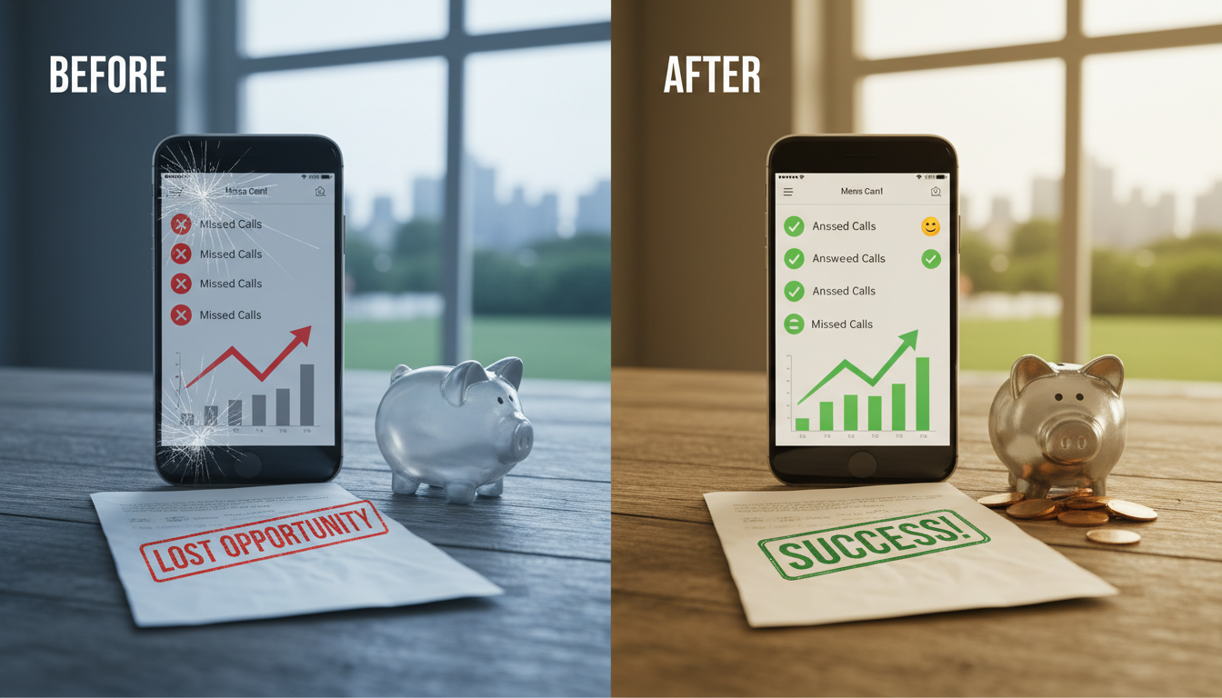 Before-and-after comparison chart showing missed calls and low conversion rate versus answered calls and higher conversion rate