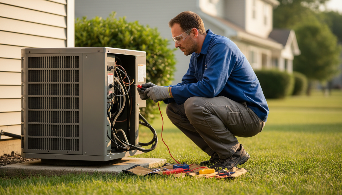 HVAC technician working on an AC unit, visibly focused on the job instead of holding a phone