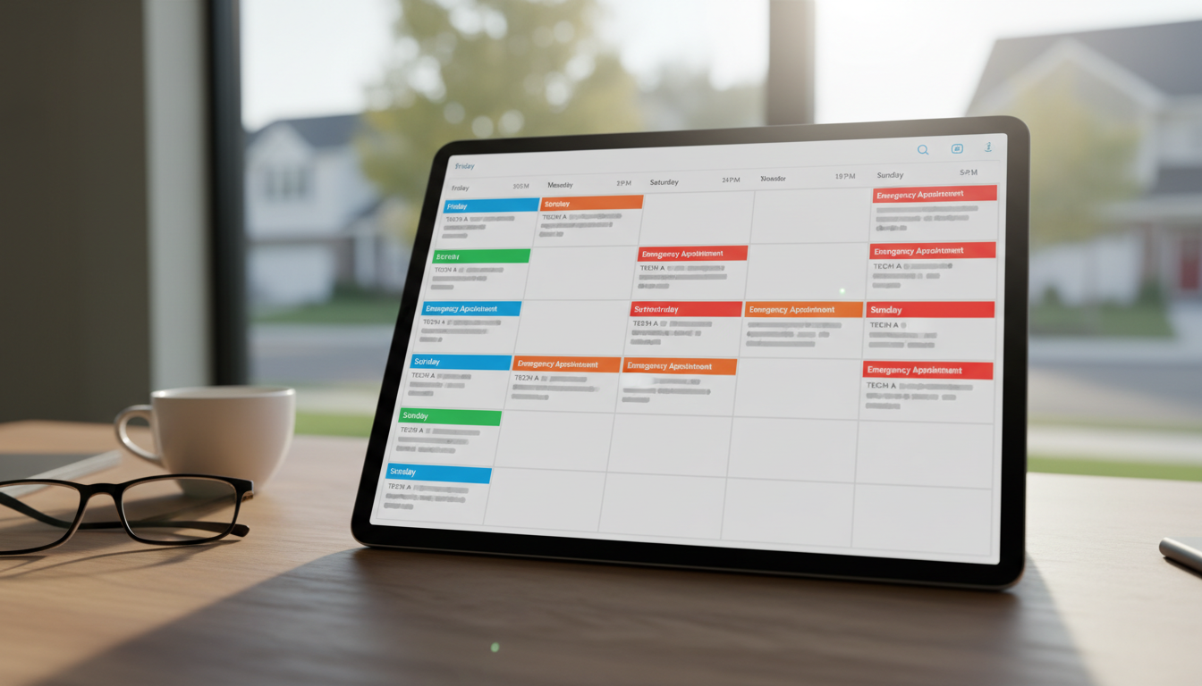 Dashboard or calendar view showing emergency appointments booked across evening and weekend time slots, with technician assignments and customer details