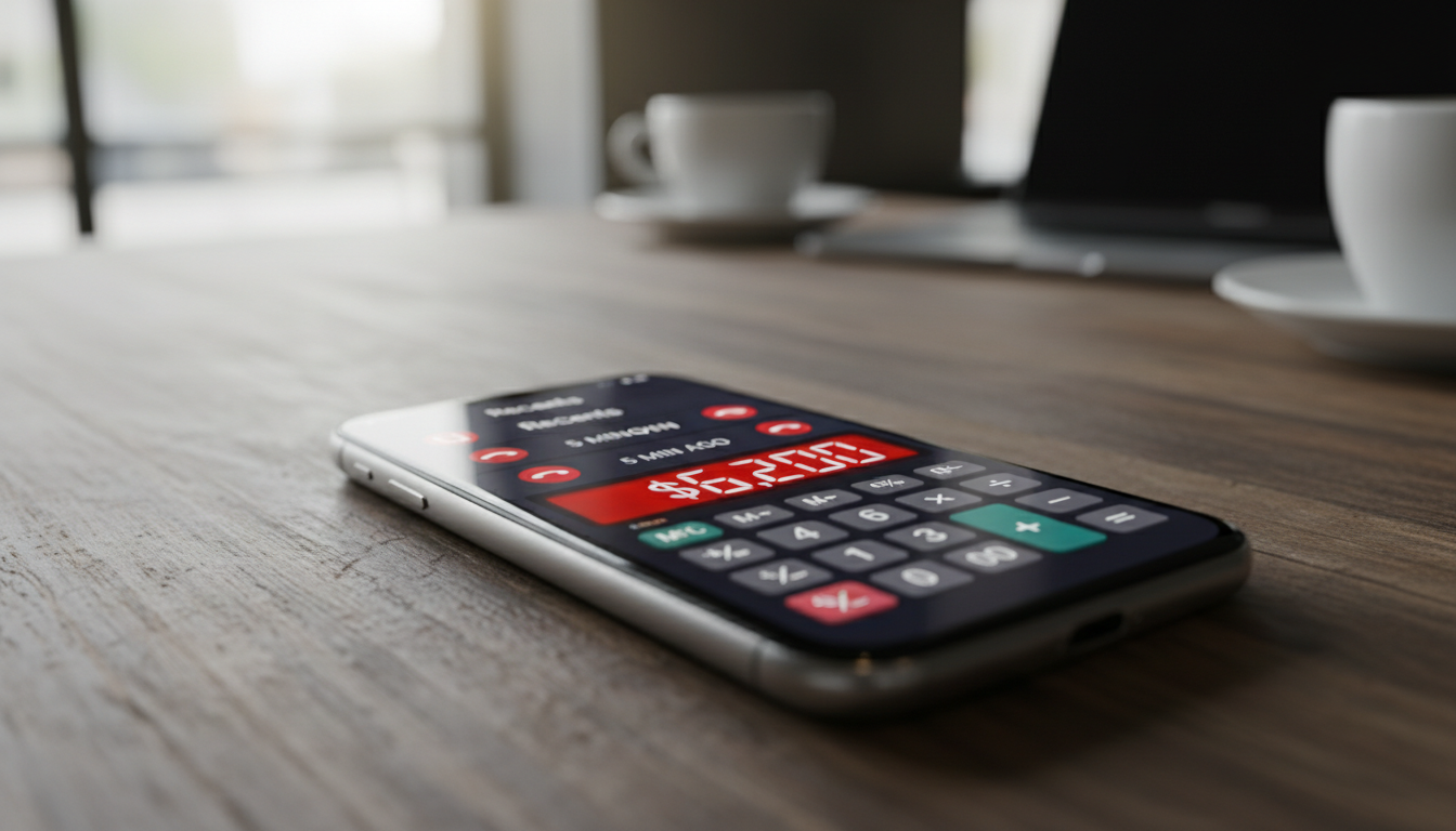 Close-up of a phone screen showing three missed calls with timestamps all within 8 minutes, overlaid with a calculator showing 