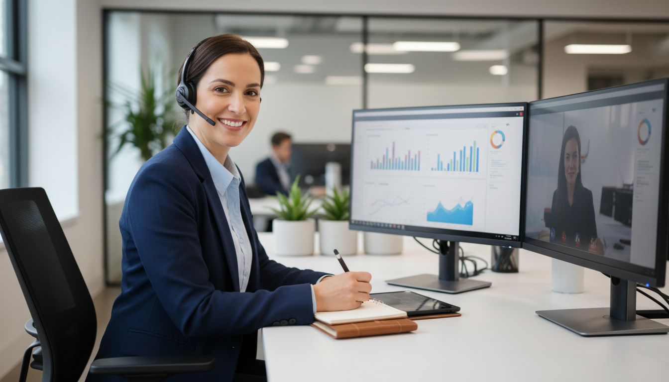 Professional woman wearing a headset at a desk with dual monitors, smiling while taking notes on a call, with a clean modern office background