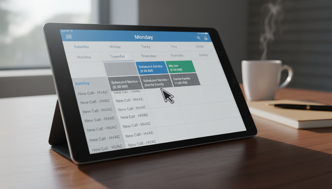 Calendar view showing HVAC appointments booked from Saturday and Sunday calls being scheduled for Monday morning slots, illustrating weekend lead capture without weekend dispatch