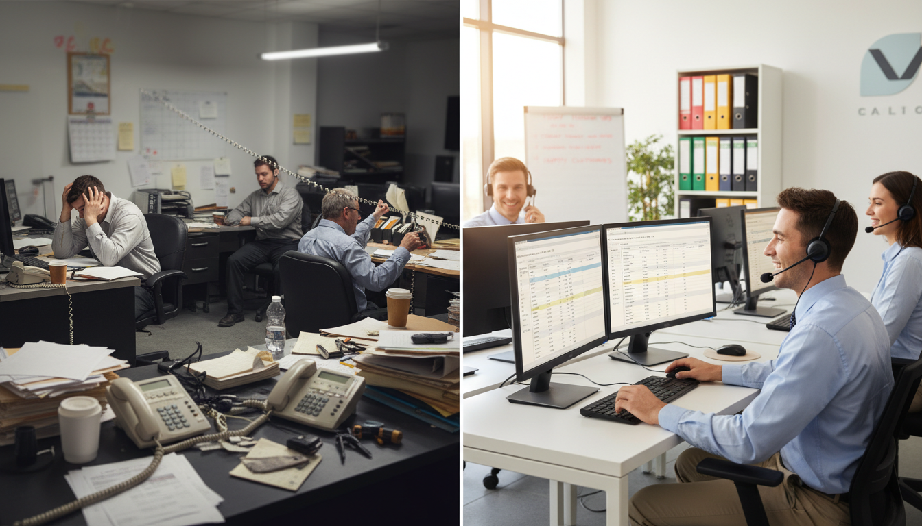 Split screen showing a chaotic HVAC office with unanswered phones on one side, and an organized front office team making follow-up calls with customer records visible on the other side