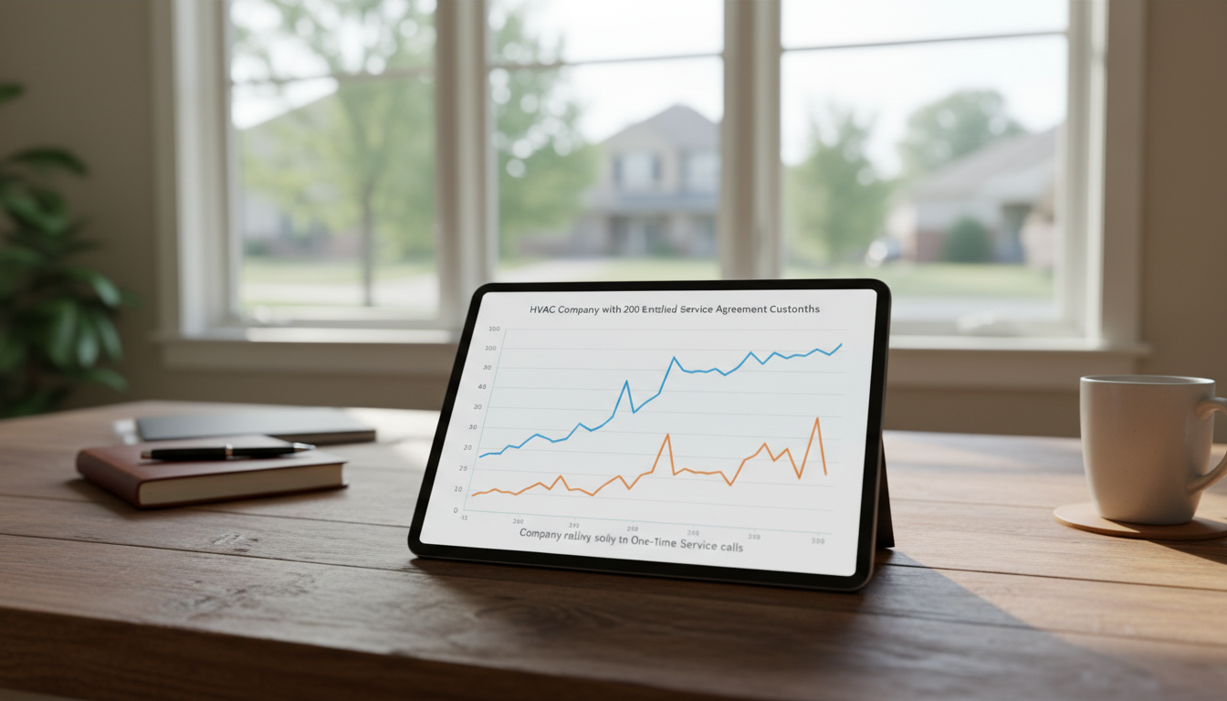Graph showing revenue comparison over 12 months between an HVAC company with 200 enrolled service agreement customers versus one relying only on one-time service calls, with the agreement-based revenue line significantly higher and more stable