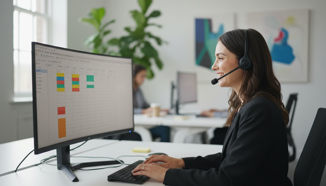 Professional team member wearing a headset in a well-lit office, booking a job on a computer while smiling