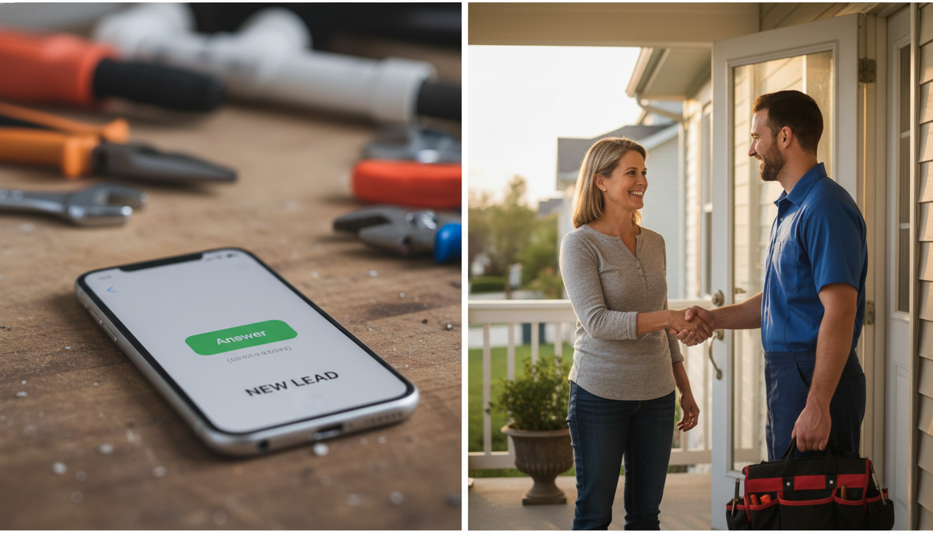 Split-screen comparison showing a plumber's phone ringing with a new customer lead on one side, versus a happy repeat customer greeting a familiar plumber at their door on the other
