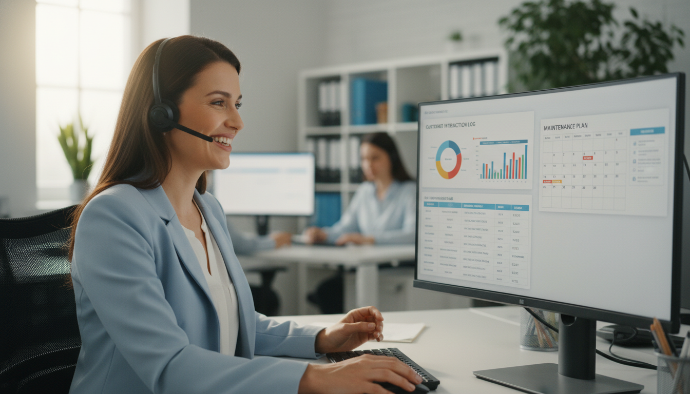 A professional office team member on a headset making a friendly follow-up call, with a screen showing customer service history and maintenance schedule