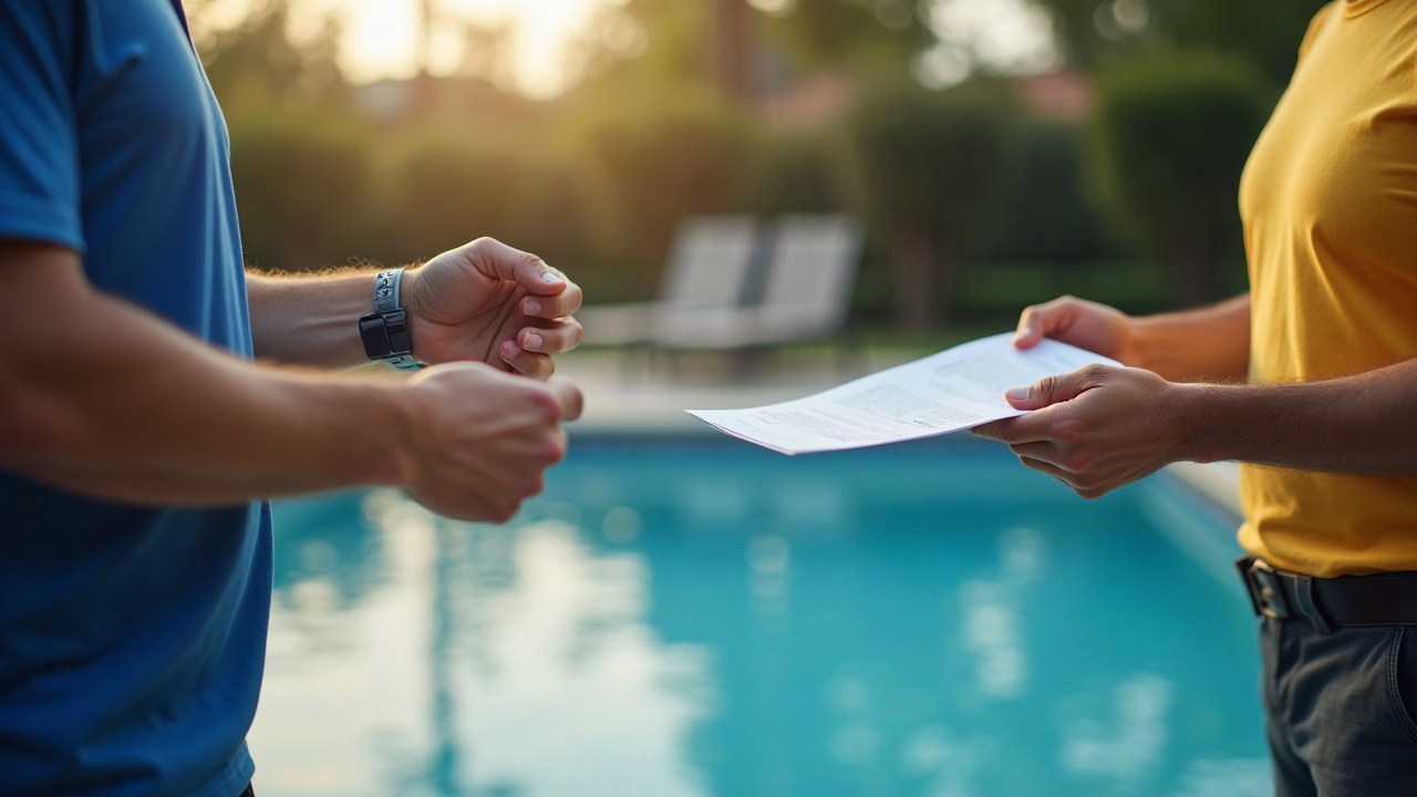 Pool service technician handing a customer a renewal contract during a summer service visit, illustrating the mid-season renewal conversation