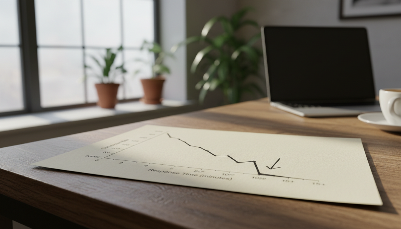 Graph showing conversion rate drop-off by response time, with steep decline after 5 minutes