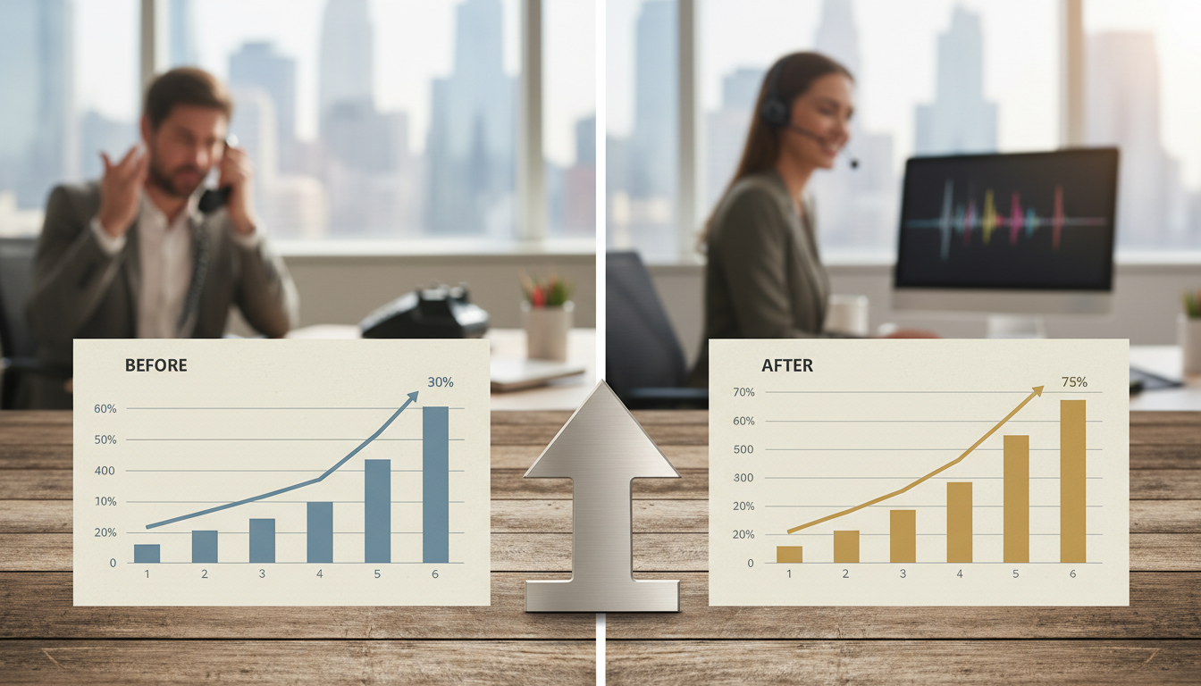 Before/after comparison chart showing booking rate improvement with professional call handling