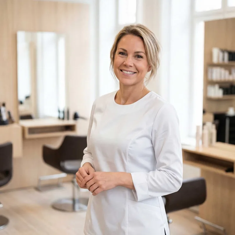 Salon owner smiling in her studio — BookAllLeads automates appointment booking for beauty businesses